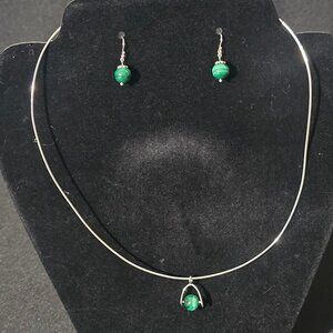 Adorable Dainty Sterling Silver & Malachite Necklace & Earring Set